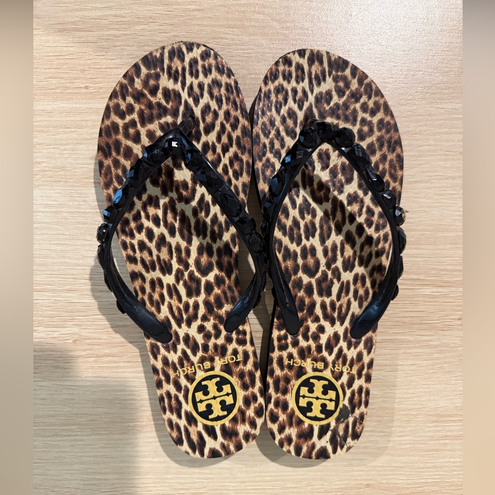 Tory Burch Leopard Print Flip Flops - Black Jewels